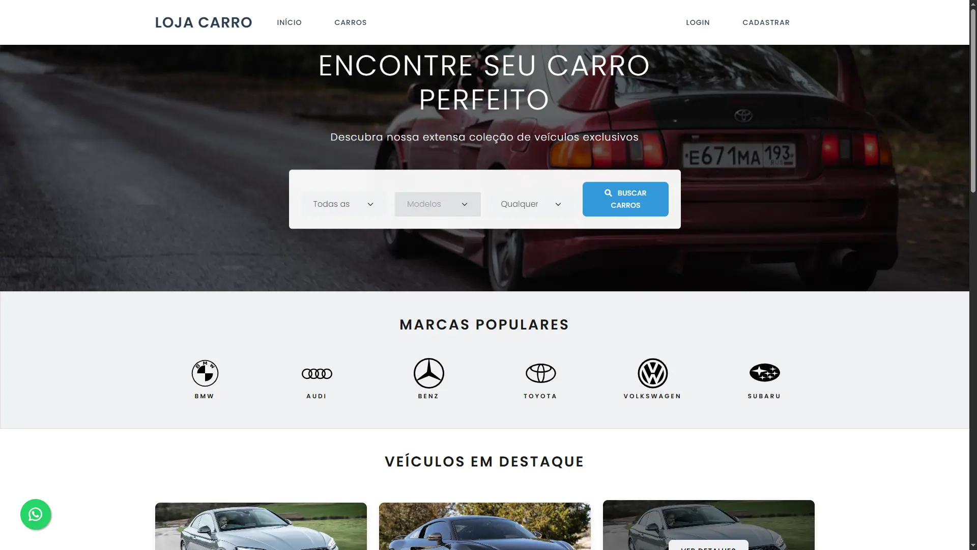 Demonstração da Interface Loja Carro Template 2